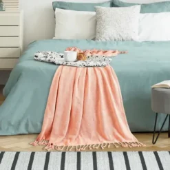 Blankets & Throws-Kirkland's Home Coral Checkered Weave Fringe Throw Pink