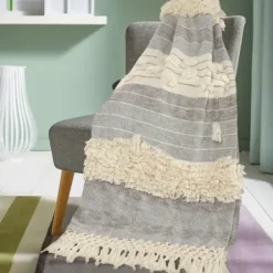 Blankets & Throws-Kirkland's Home Cotton Fringe Eclectic Tufted Throw Ivory/Gray