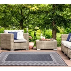 Outdoor Rugs-Kirkland's Home Cream And Blue Geo Indoor/Outdoor Area Rug, 7X9 White/Blue