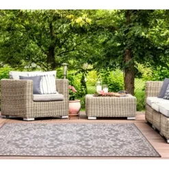 Outdoor Rugs-Kirkland's Home Cream And Gray Miriam Striped Outdoor Rug, 8X10 Gray/Ivory