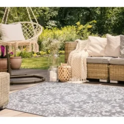 Outdoor Rugs-Kirkland's Home Cream And Gray Miriam Striped Outdoor Rug, 8X10 Gray/Ivory