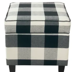 Benches & Ottomans-Kirkland's Home Cream Buffalo Plaid Upholstered Storage Ottoman Black/White