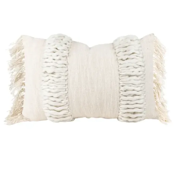 Pillows-Kirkland's Home Cream Hand Woven Fringe Ends Lumbar Pillow Ivory