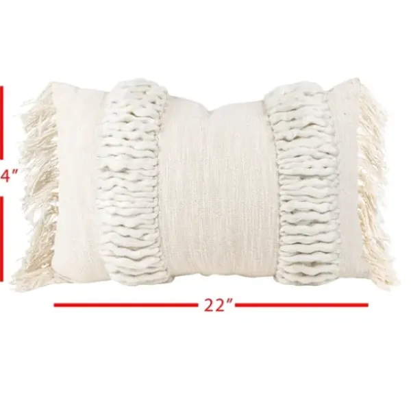 Pillows-Kirkland's Home Cream Hand Woven Fringe Ends Lumbar Pillow Ivory