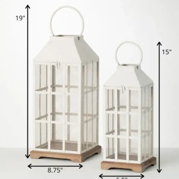 Lanterns-Kirkland's Home Cream Metal Paned Wood Base Lanterns, Set Of 2 Ivory