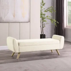 Benches & Ottomans-Kirkland's Home Cream Sherpa And Wood Storage Bench Ivory