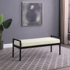 Benches & Ottomans-Kirkland's Home Cream Sherpa Upholstered Metal Bench Ivory