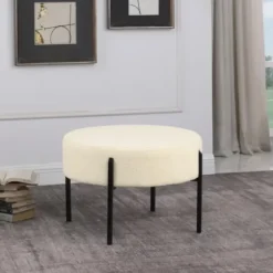 Benches & Ottomans-Kirkland's Home Cream Sherpa Upholstered Metal Ottoman Ivory