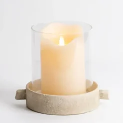 Candle Holders-Kirkland's Home Cream Textured Base Hurricane, 7 In. Tan