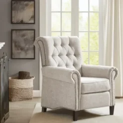 Accent Chairs-Kirkland's Home Cream Tufted Back Nailhead Trim Recliner Armchair Ivory