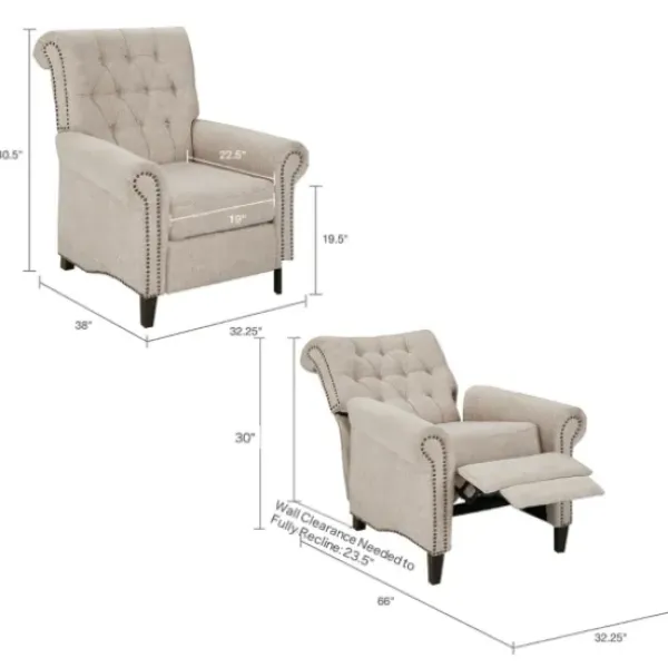 Accent Chairs-Kirkland's Home Cream Tufted Back Nailhead Trim Recliner Armchair Ivory