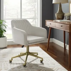 Office Furniture-Kirkland's Home Cream Upholstered Tufted Swivel Office Chair Ivory