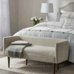 Sofas & Loveseats-Kirkland's Home Cream Velvet Low Back Transitional Settee Ivory
