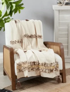 Blankets & Throws-Kirkland's Home Cream With Brown Accents Throw Blanket Ivory