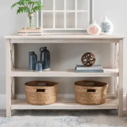 Entryway Furniture-Kirkland's Home Cream Wooden Plank X-Frame Console Table Ivory
