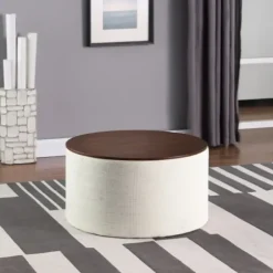 Benches & Ottomans-Kirkland's Home Cream Woven Wood Top Storage Ottoman Ivory