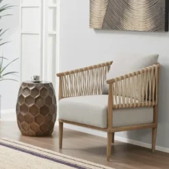 Accent Chairs-Kirkland's Home Curved Wood And Jute Rope Accent Chair Gray