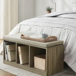 Benches & Ottomans-Kirkland's Home Cushioned Open Cubby Storage Bench Gray