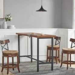 Bar Stools & Counter Height Stools-Kirkland's Home Dark Brown Wood And Seagrass Swivel Bar Stool Tan