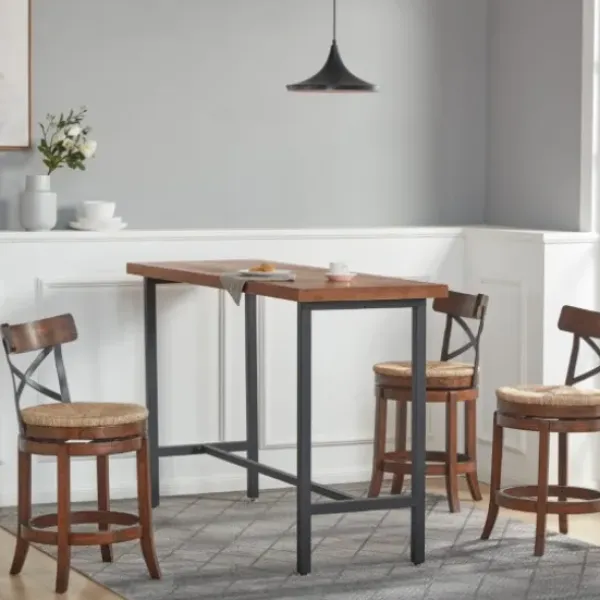 Bar Stools & Counter Height Stools-Kirkland's Home Dark Brown Wood And Seagrass Swivel Bar Stool Tan