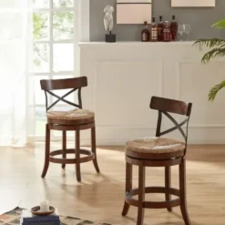 Bar Stools & Counter Height Stools-Kirkland's Home Dark Brown Wood And Seagrass Swivel Counter Stool Tan
