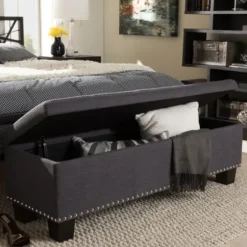 Entryway Furniture-Kirkland's Home Dark Button-Tufted Upholstered Storage Bench Gray
