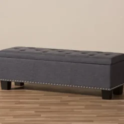 Entryway Furniture-Kirkland's Home Dark Button-Tufted Upholstered Storage Bench Gray