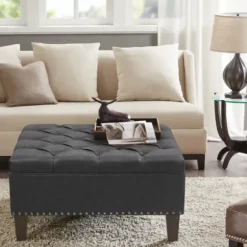 Benches & Ottomans-Kirkland's Home Dark Espresso Button Tufted Leather Ottoman Brown