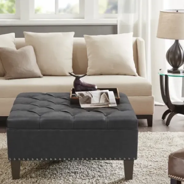 Benches & Ottomans-Kirkland's Home Dark Espresso Button Tufted Leather Ottoman Brown