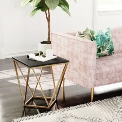 Accent & End Tables-Kirkland's Home Dark Marble And Gold Geometric Accent Table Gray