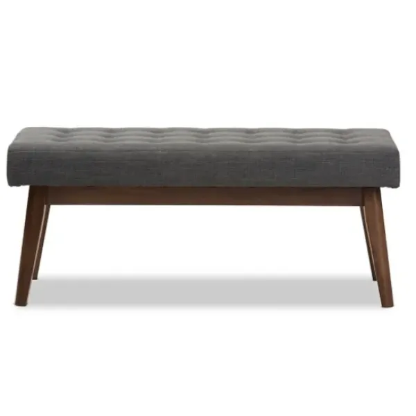 Benches & Ottomans-Kirkland's Home Dark Tufted Walnut Wood Bench Gray