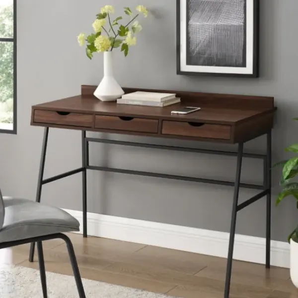 Office Furniture-Kirkland's Home Dark Walnut Angled 3-Drawer Desk