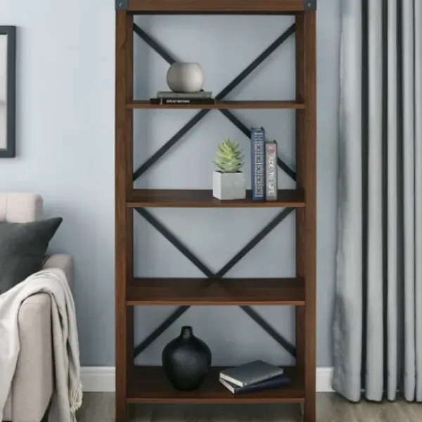 Bookshelves-Kirkland's Home Dark Walnut Farmhouse Metal Bookcase Brown