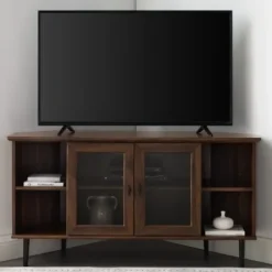 Tv Stands & Media Consoles-Kirkland's Home Dark Walnut Glass Door Corner Tv Stand Brown