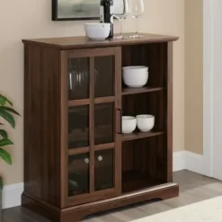 Cabinets & Sideboards-Kirkland's Home Dark Walnut Sliding Glass Door Bar Cabinet Brown