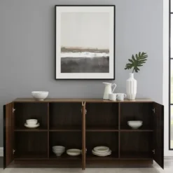 Cabinets & Sideboards-Kirkland's Home Dark Walnut Wood And Black Metal Sideboard