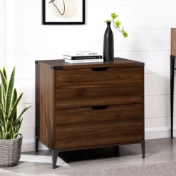 Office Furniture-Kirkland's Home Dark Walnut Wood And Iron Accent Filing Cabinet Brown