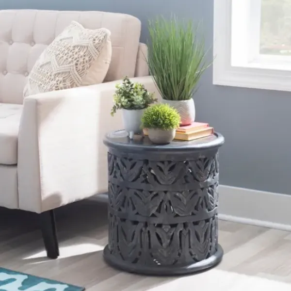 Accent & End Tables-Kirkland's Home Dark Wood Carved Detail Accent Table Gray