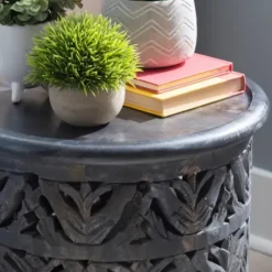 Accent & End Tables-Kirkland's Home Dark Wood Carved Detail Accent Table Gray