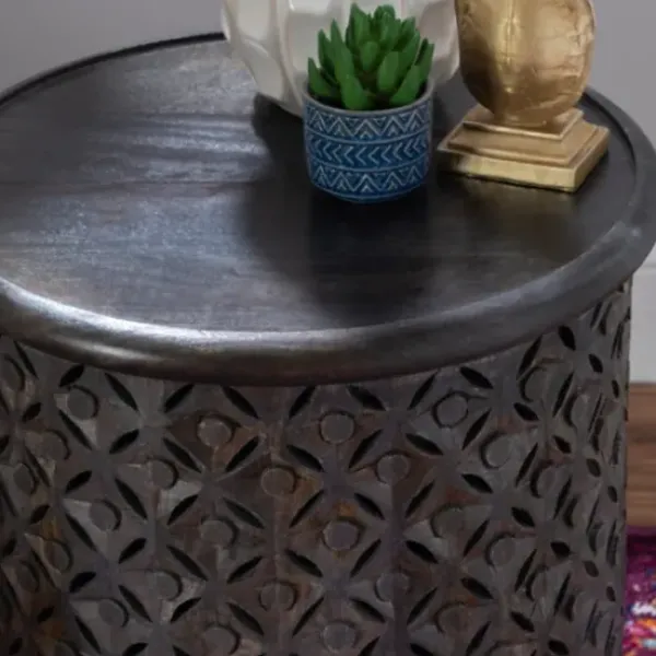 Accent & End Tables-Kirkland's Home Dark Wood Carved Medallion Accent Table Gray