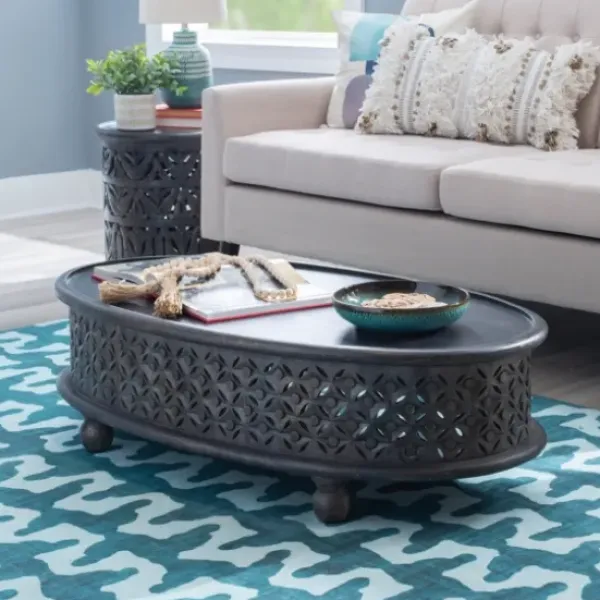 Coffee Tables-Kirkland's Home Dark Wood Carved Medallion Coffee Table Gray