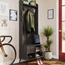 Entryway Furniture-Kirkland's Home Dark Wood Grain Hall Tree With Bench