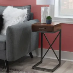 Accent & End Tables-Kirkland's Home Dark Wood Single Drawer C-Frame Accent Table Brown