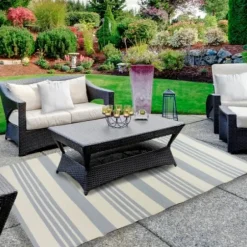 Outdoor Rugs-Kirkland's Home Davon Blue Moroccan Trellis Outdoor Rug, 5X8 Blue/Gray