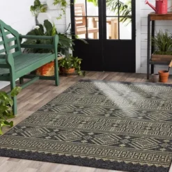 Outdoor Rugs-Kirkland's Home Davon Gray Geometric Striped Outdoor Rug, 8X10 Gray/White