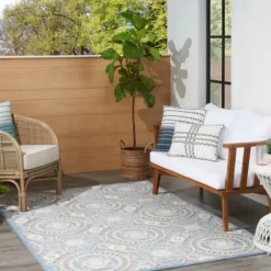 Outdoor Rugs-Kirkland's Home Davon Gray Geometric Striped Outdoor Rug, 5X8 Gray/White