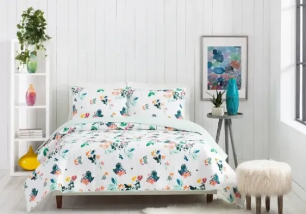 Quilts-Kirkland's Home Daydreaming Floral 2-Pc. Twin Quilt Set White/Green/Orange