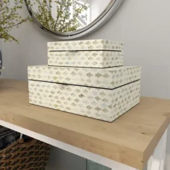 Baskets & Boxes-Kirkland's Home Decorative Mussel Shell Wood Boxes, Set Of 2 Ivory/Gray