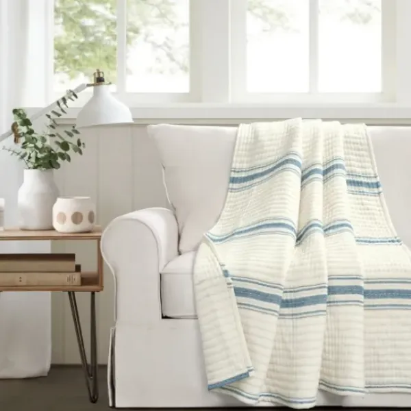 Blankets & Throws-Kirkland's Home Deep Blue Pick Stitch Stripe Decorative Throw Blue/White