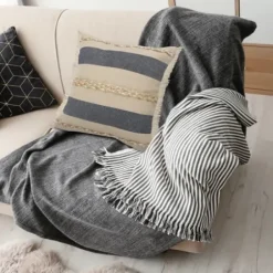 Pillows-Kirkland's Home Denim Blue Braided Stripe Throw Pillow, 24 In. Blue/Tan/Ivory